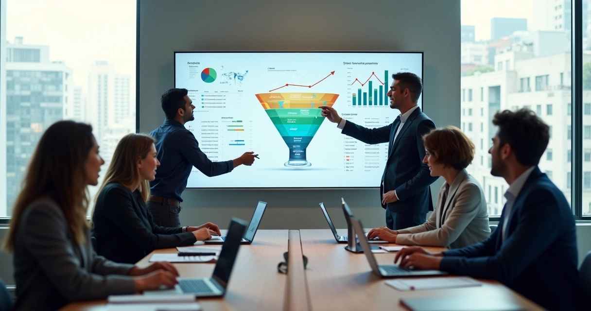 Equipe de vendas B2B analisando funil de vendas em tela grande