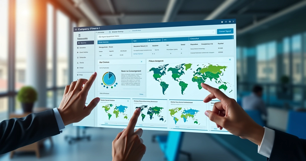Painel digital com filtros de busca de empresas.