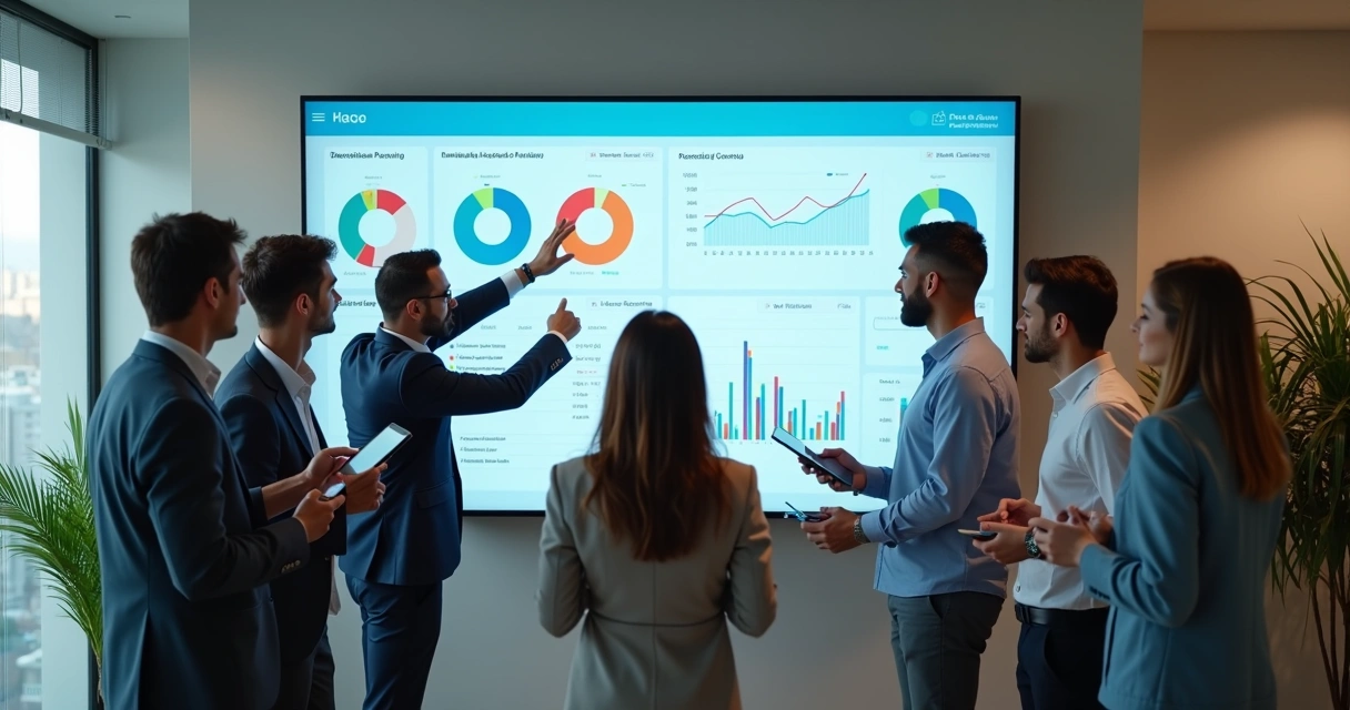 Equipe de vendas B2B reunida analisando dados no CRM em escritório moderno