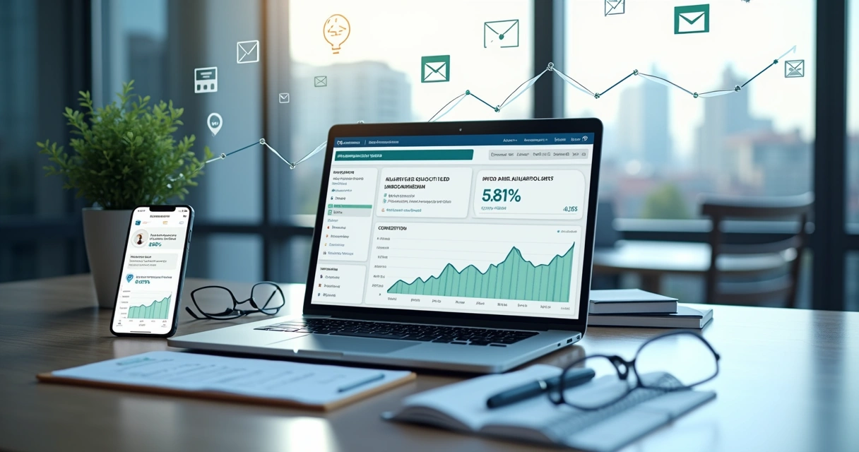 Dashboard de email marketing B2B em laptop com gráficos e lista de contatos