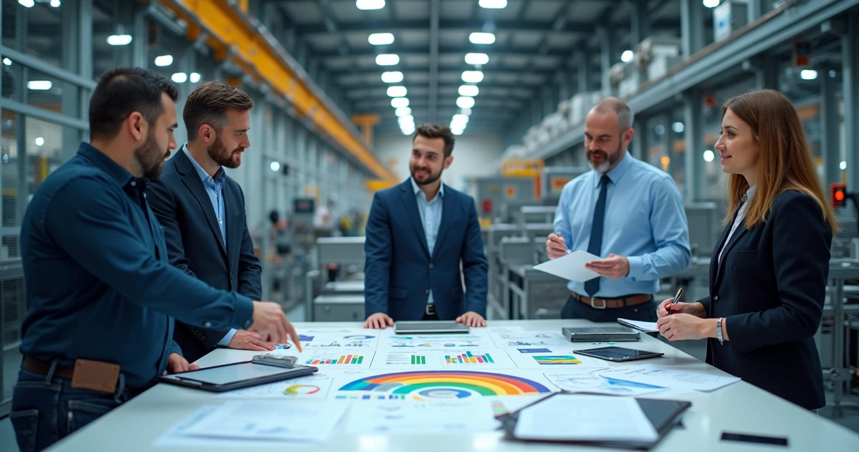 Equipe de vendas industriais analisando dados em frente a maquinário em fábrica