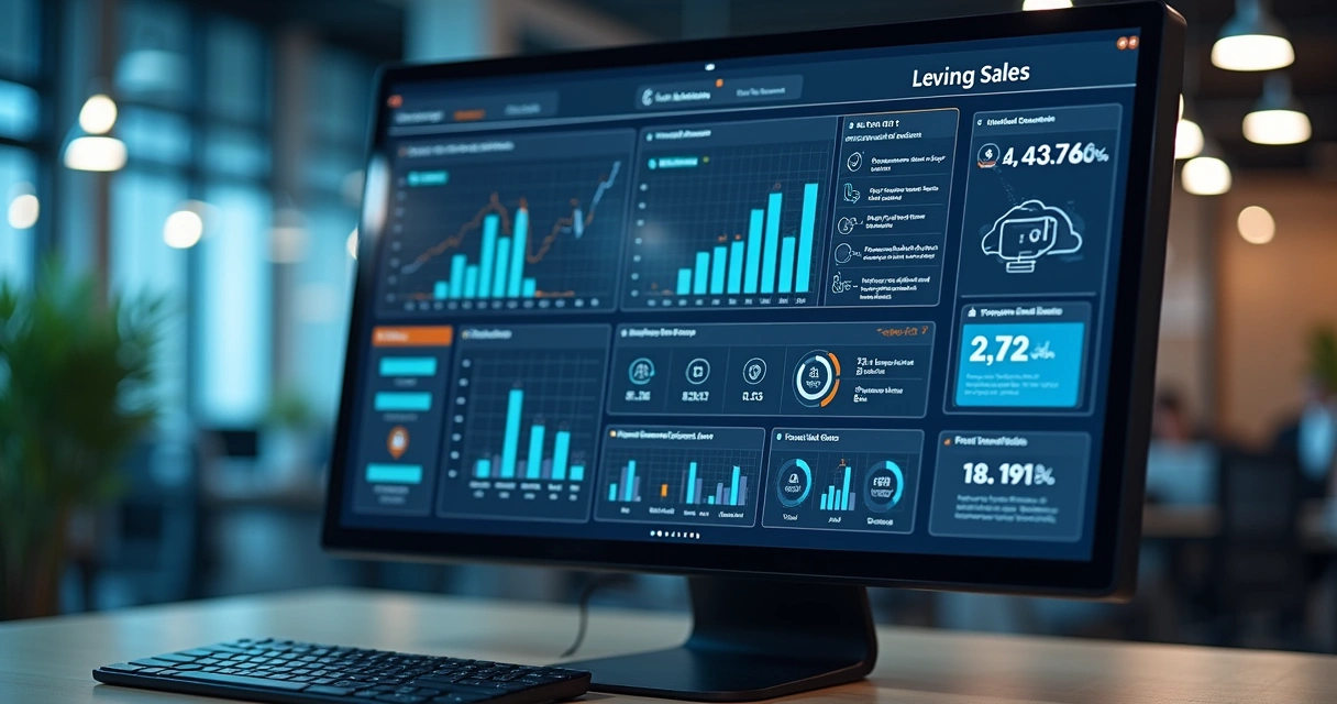 Painel digital com gráficos de vendas industriais e processos automatizados 
