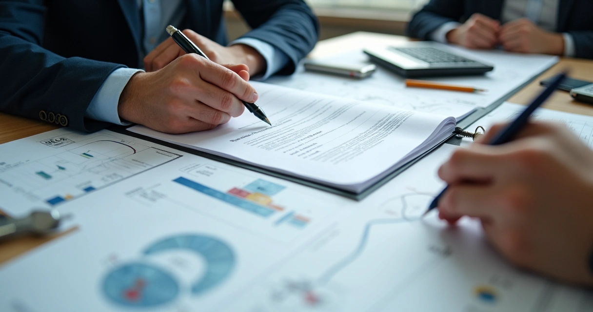 Mesa de reunião com proposta personalizada e gráficos técnicos para cliente industrial 